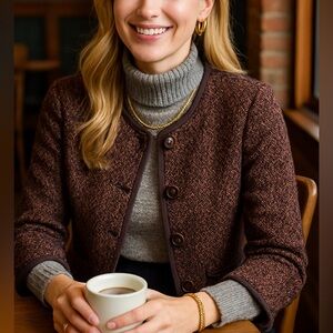 Herringbone Blazer L  Black and Brown button down lined Capsule wardrobe Fall
